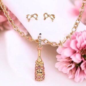 Juicy Couture Rhinestone Pink Champagne Bottle Necklace & Bow Earrings Gift Set